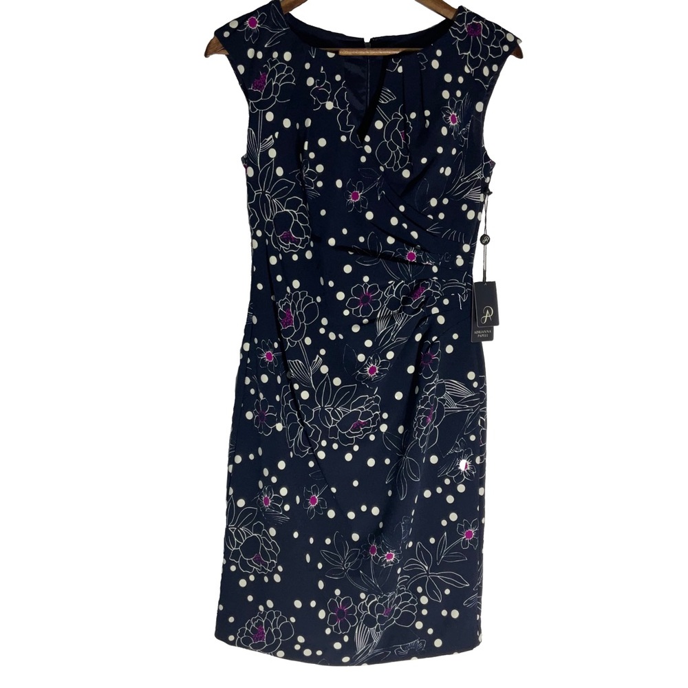 Adrianna Papell Women’s Sleeveless Sheath Floral Dot Print Pleated Dress Size 2.